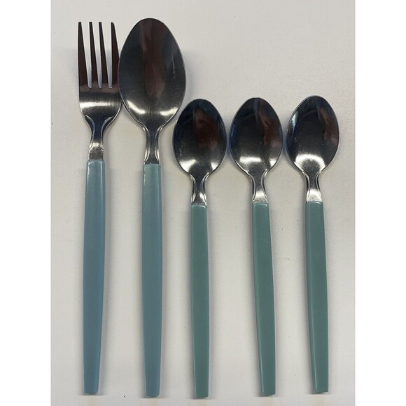 Vintage MCM carve Muffin Style Milky Blue Flatware Fork Spoon Lot Of 5 - Picture 1 of 5
